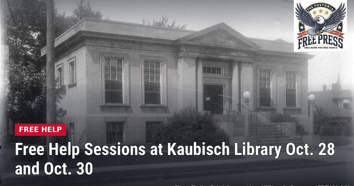 Archival 1924 photo of the Kaubisch Memorial Public Library building in Fostoria, Ohio, with headline: Free Help Sessions at Kaubisch Library Oct. 28 and Oct. 30